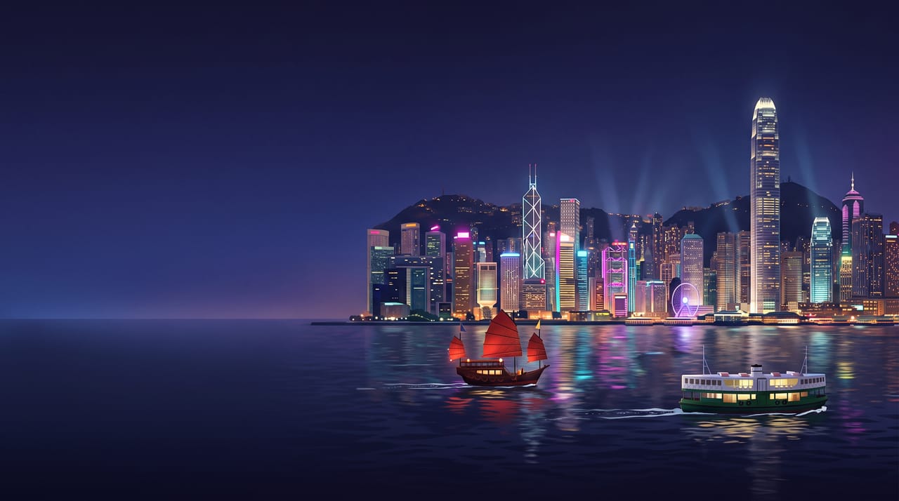Illustration of the Hong Kong skyline at night over Victoria Harbour with a junk boat and the Star Ferry